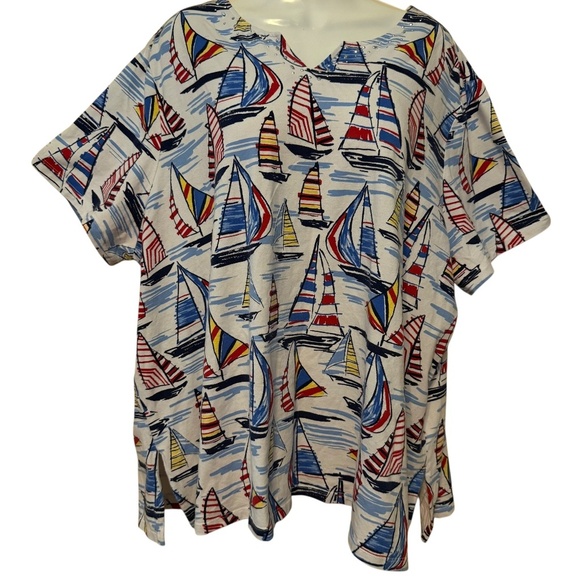 Alfred Dunner Short Sleeve Sequins Blouse SZ 3X Coastal Resort Aloha Beach Sail - Picture 1 of 8